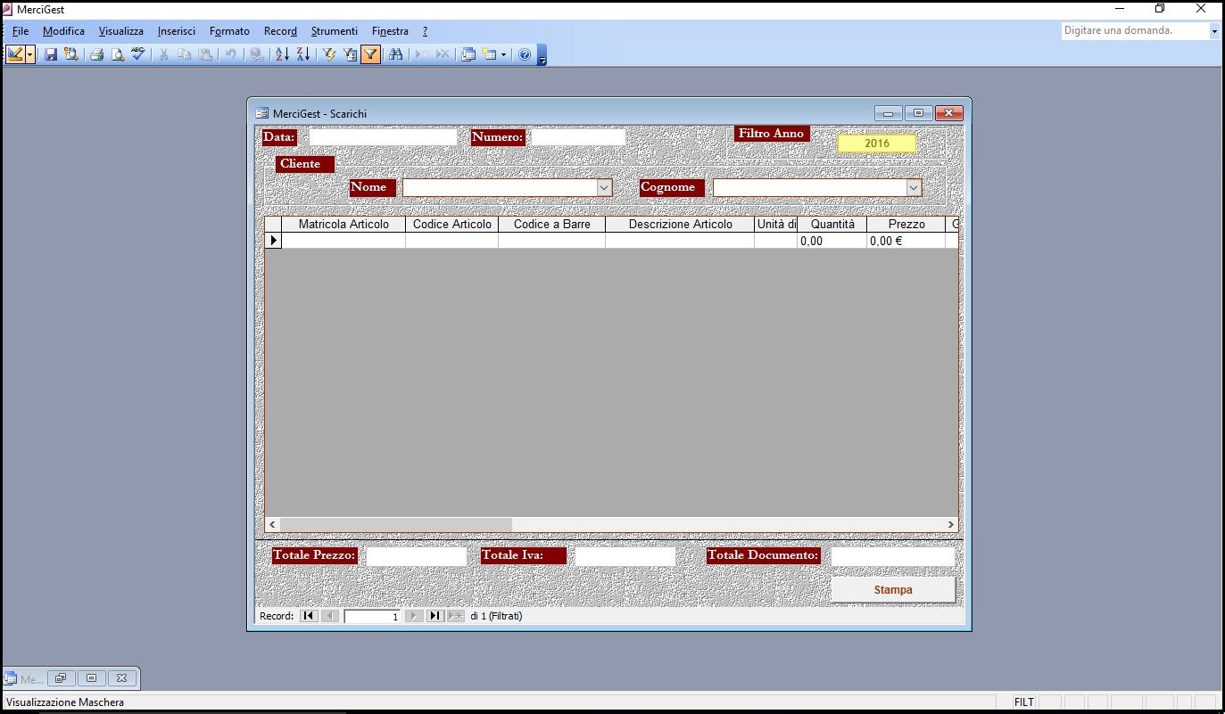 Schermata dell'applicazione per Access