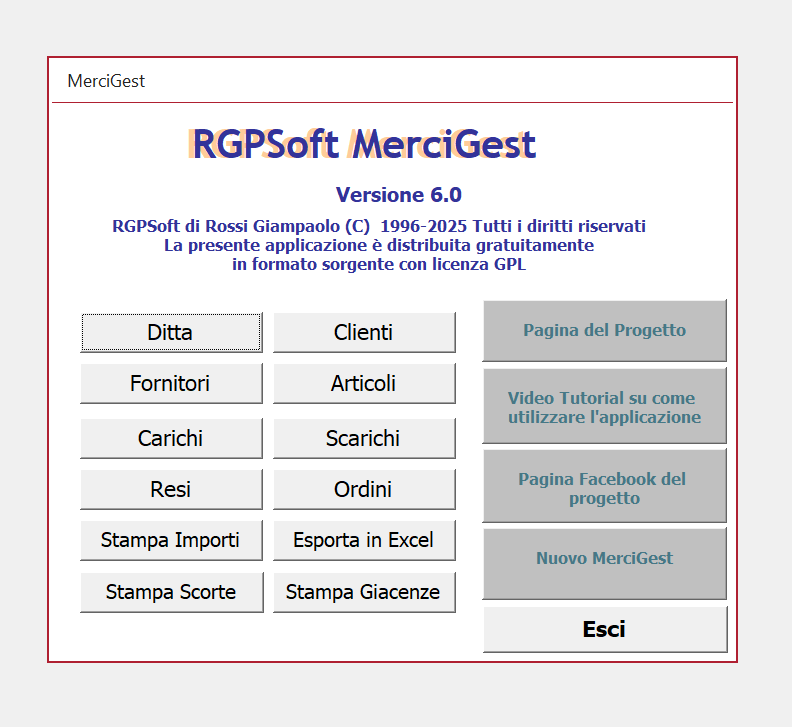 Schermata principale del software di magazzino in Access